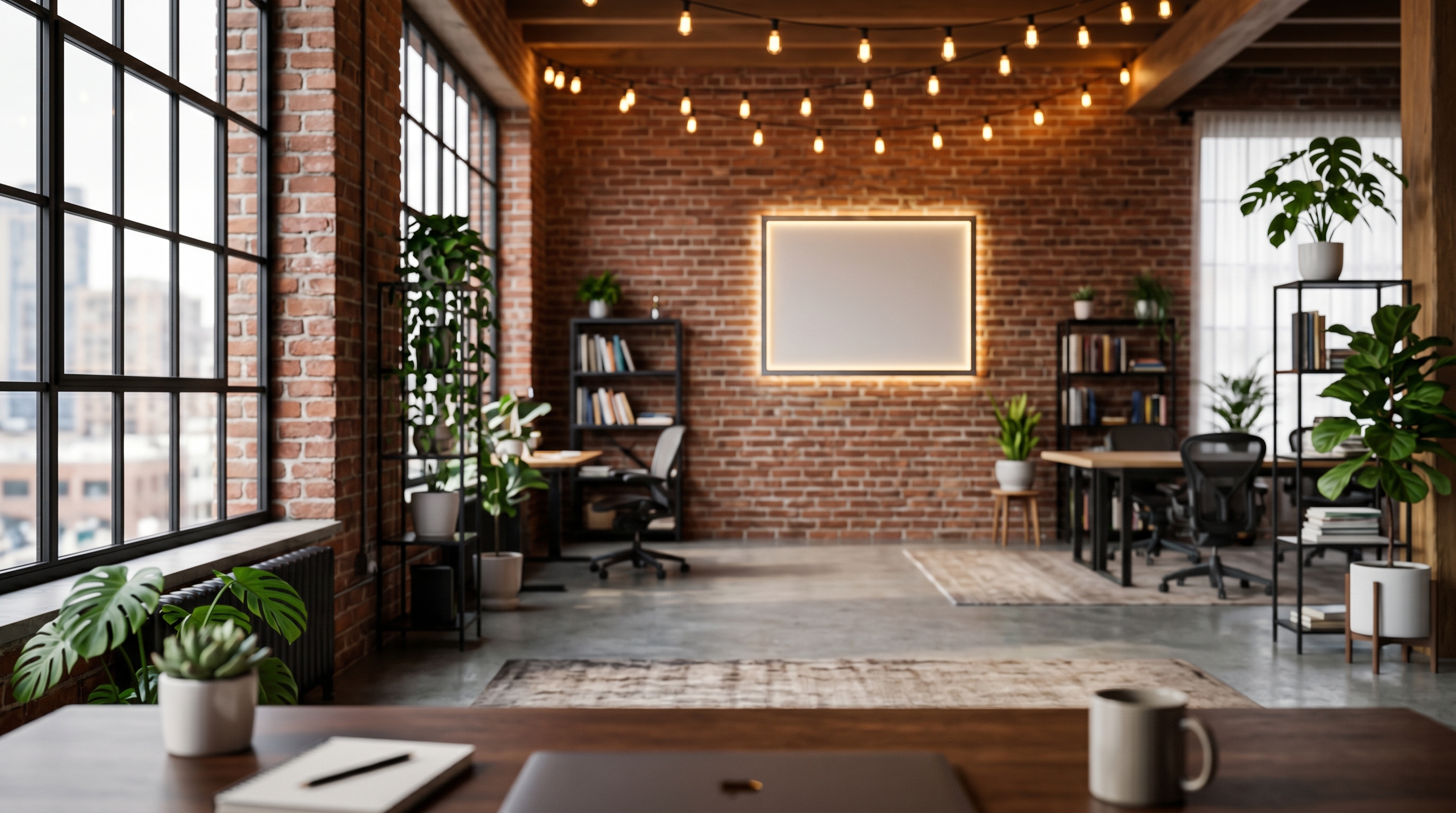 Brick Startup Loft office background, no logo