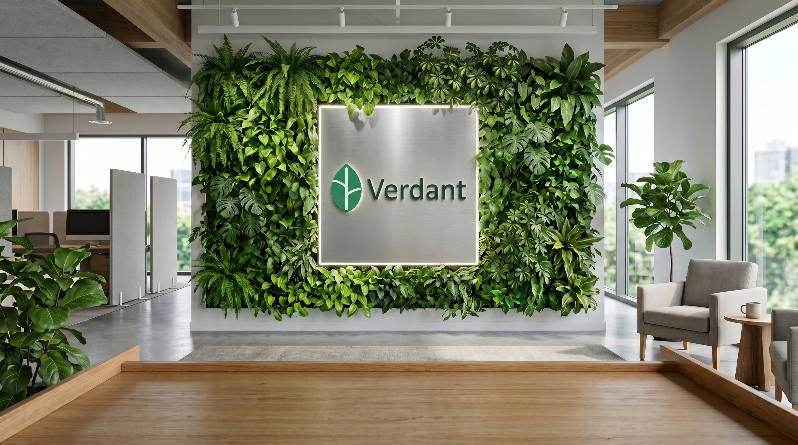 Biophilic Plant Wall with your logo rendered as signage