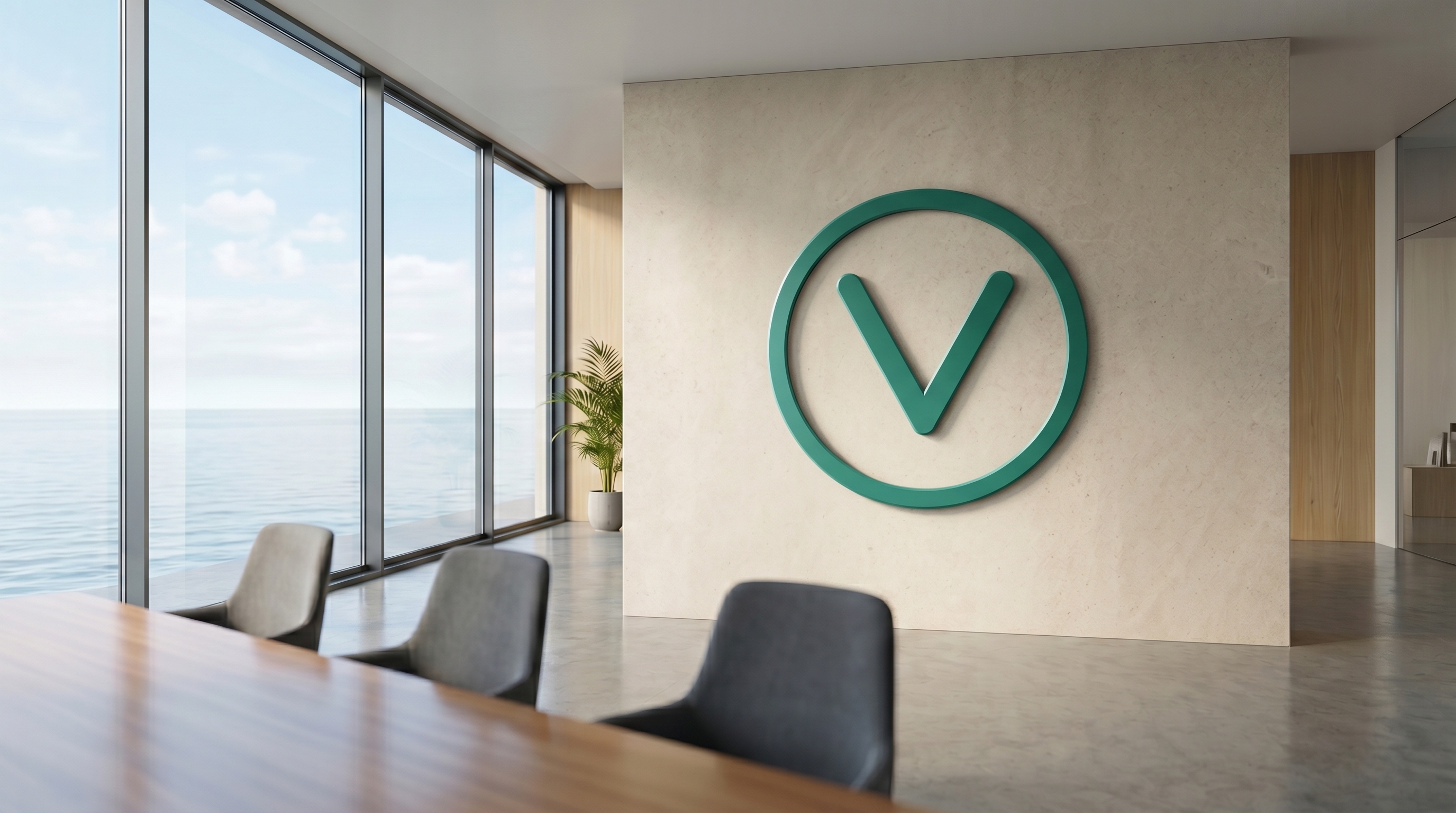 Ocean-View Boardroom — blank, then with a sample logo integrated