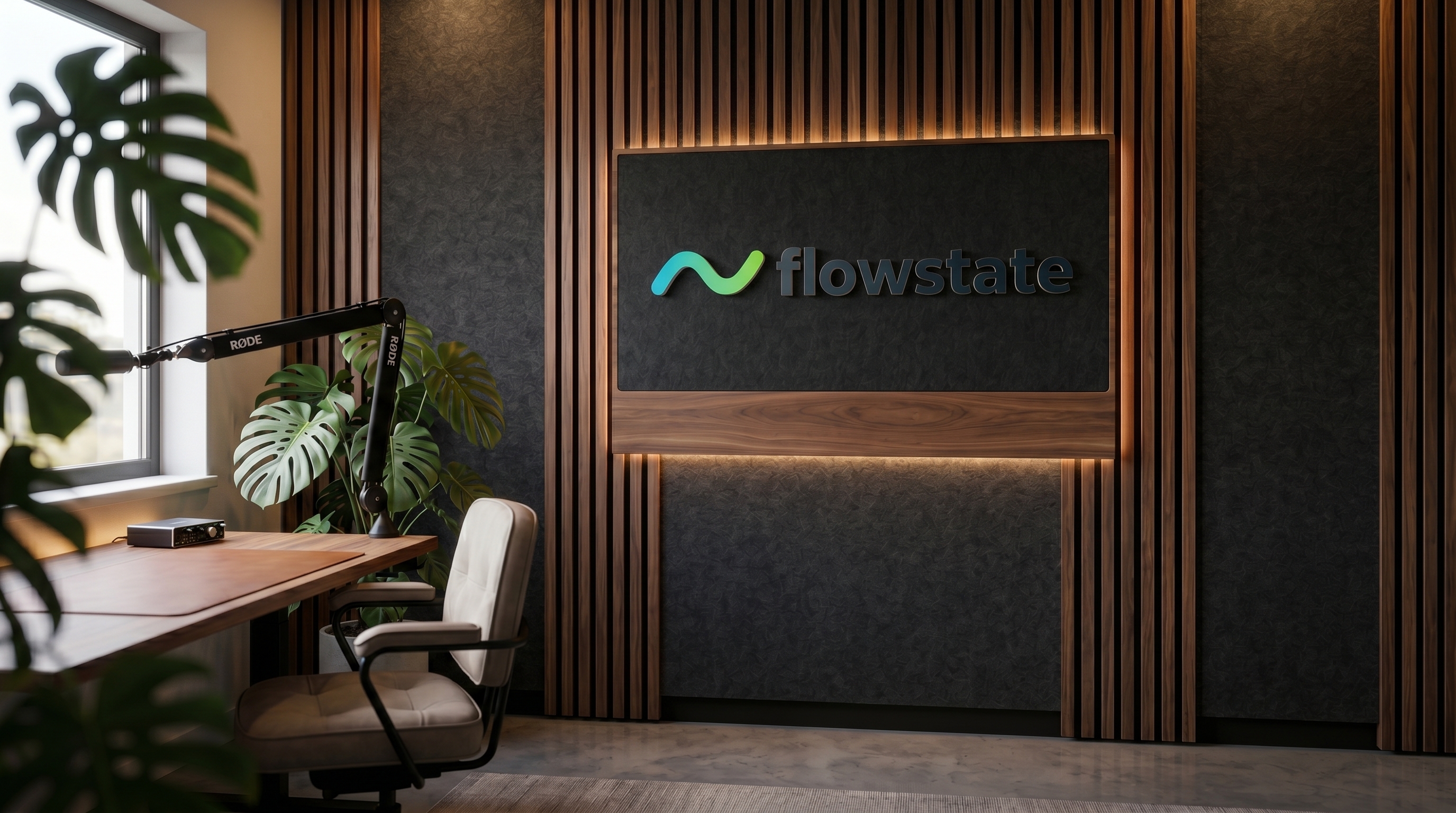 Branded Podcast Studio with your logo rendered as signage