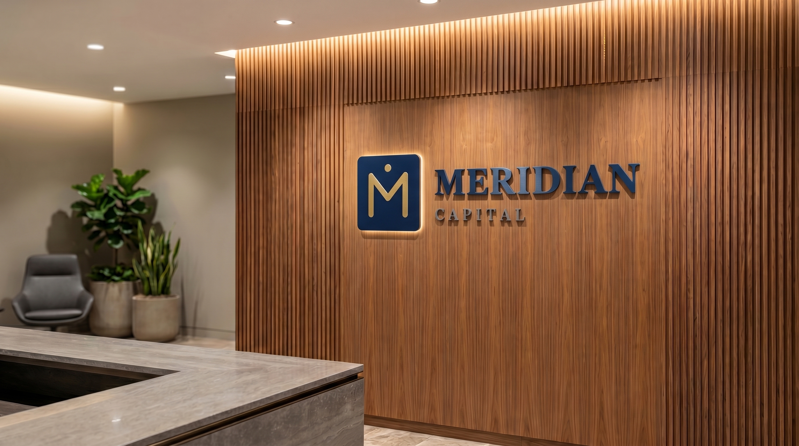 Branded Reception Lobby — blank, then with a sample logo integrated