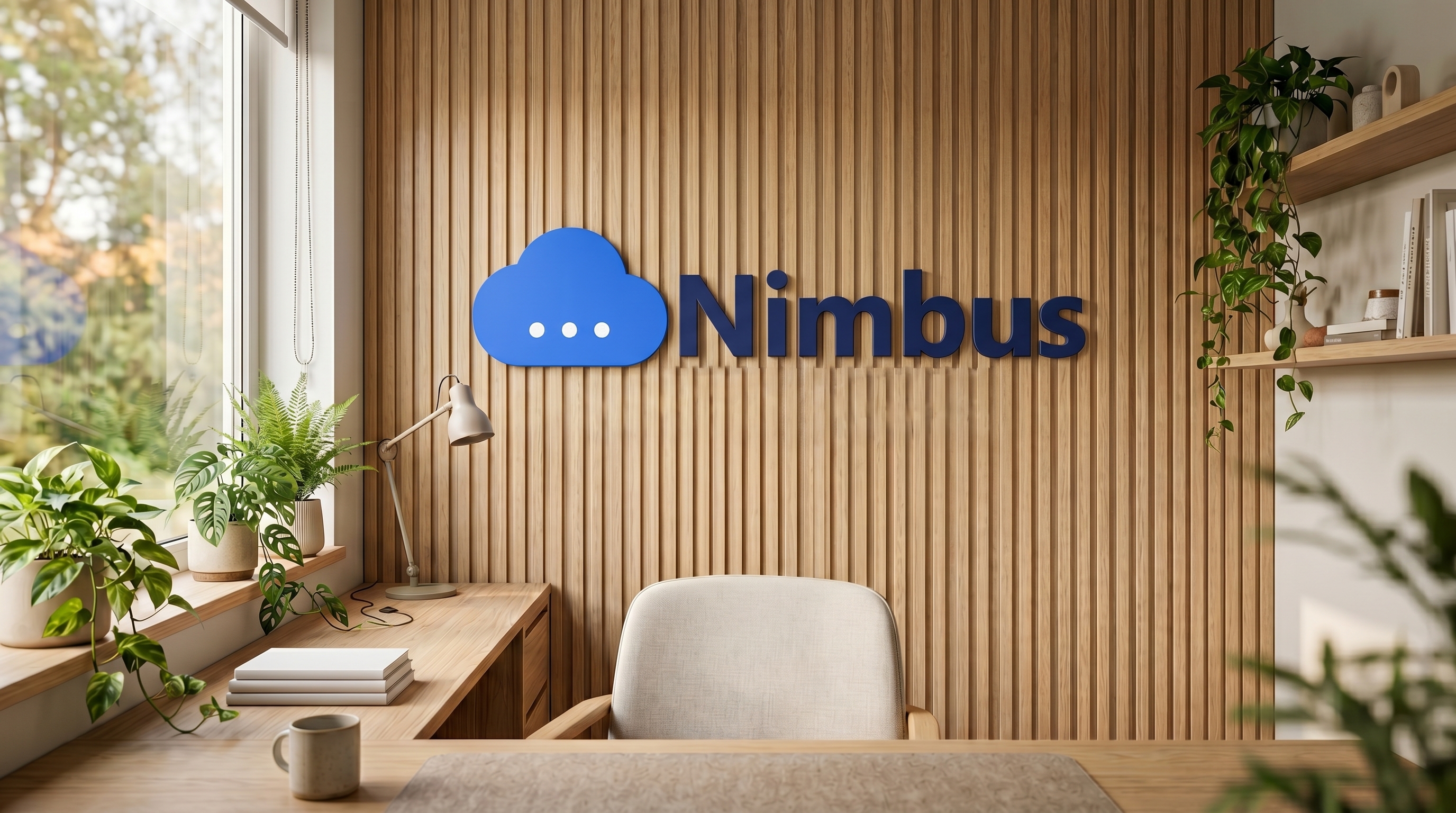 Scandinavian Warm Office with your logo rendered as signage