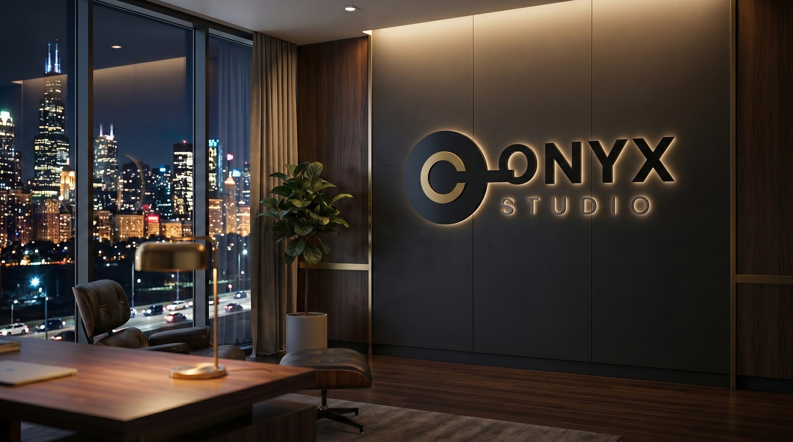 Urban Night Skyline Office — blank, then with a sample logo integrated
