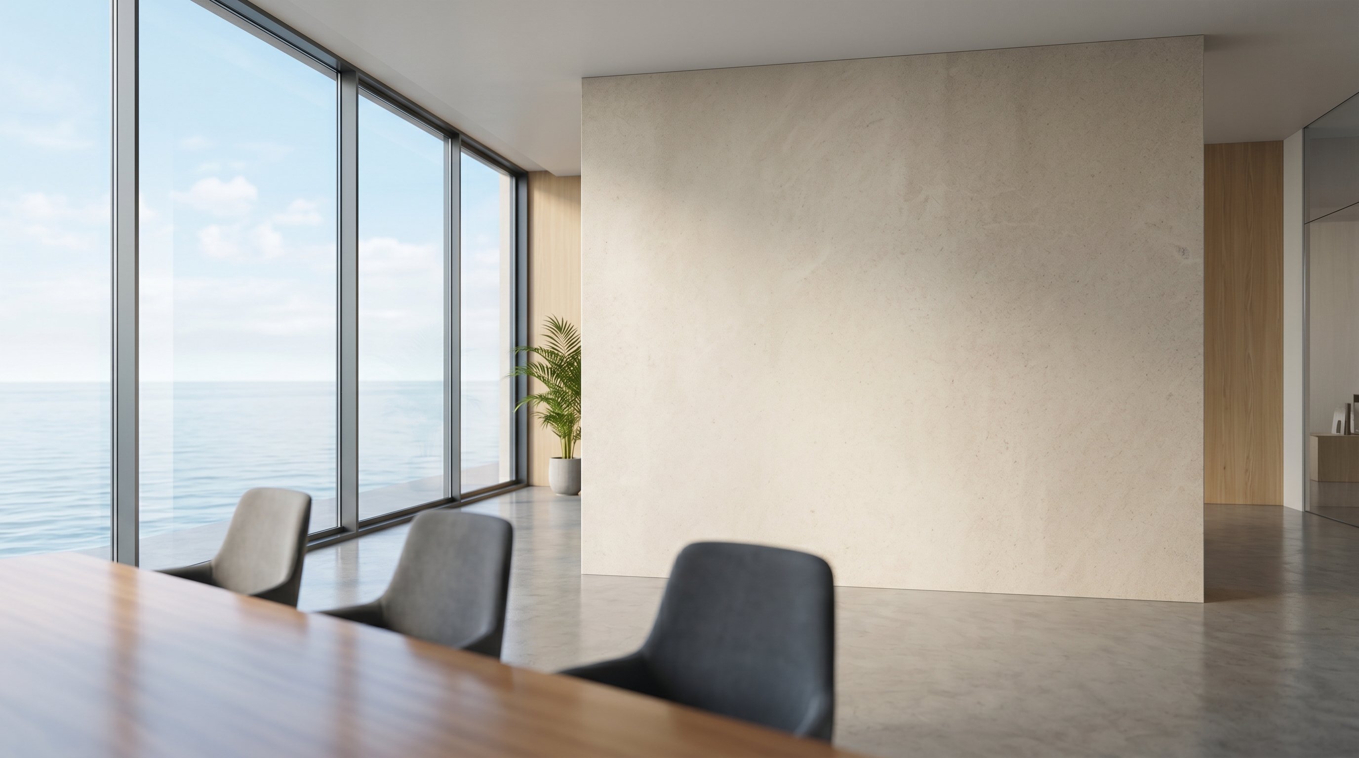 Ocean-View Boardroom — blank, then with a sample logo integrated