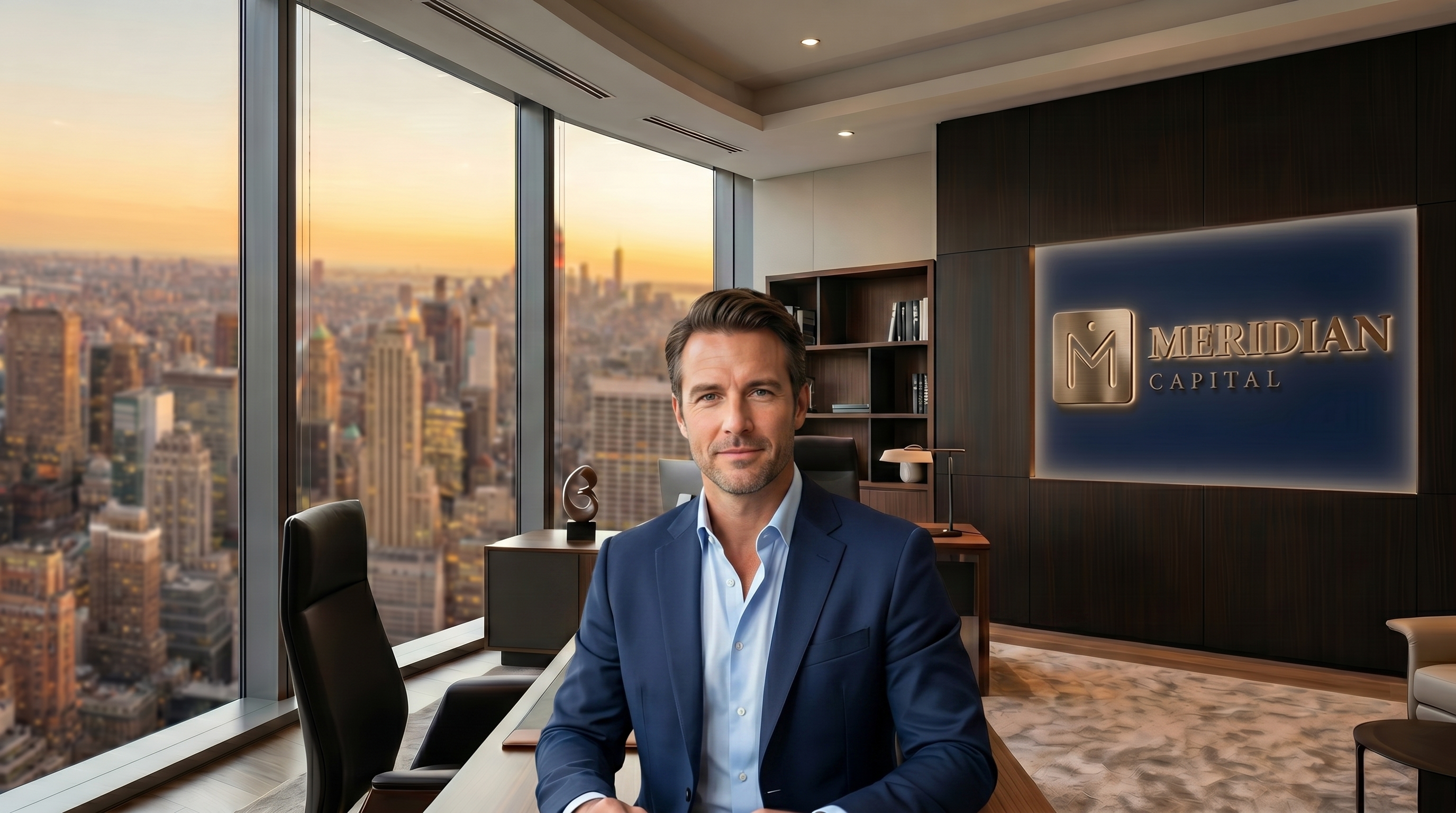 A person on a video call with the Executive Skyline Office background off, then on