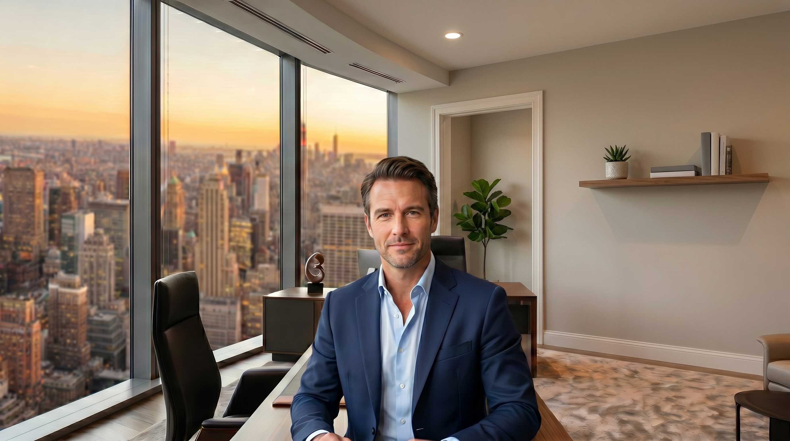 A person on a video call with the Executive Skyline Office background off, then on