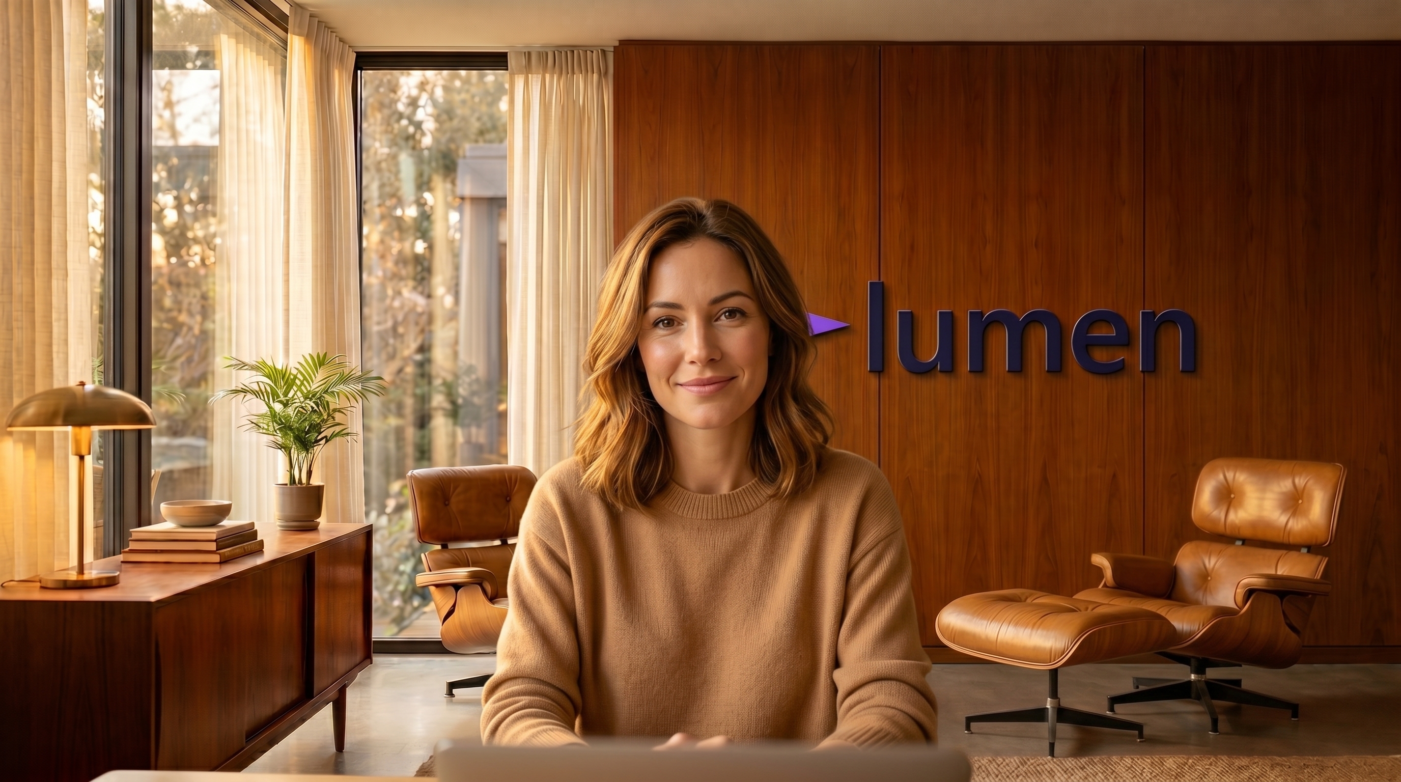 A person on a video call, Mid-Century Executive Lounge background off then on