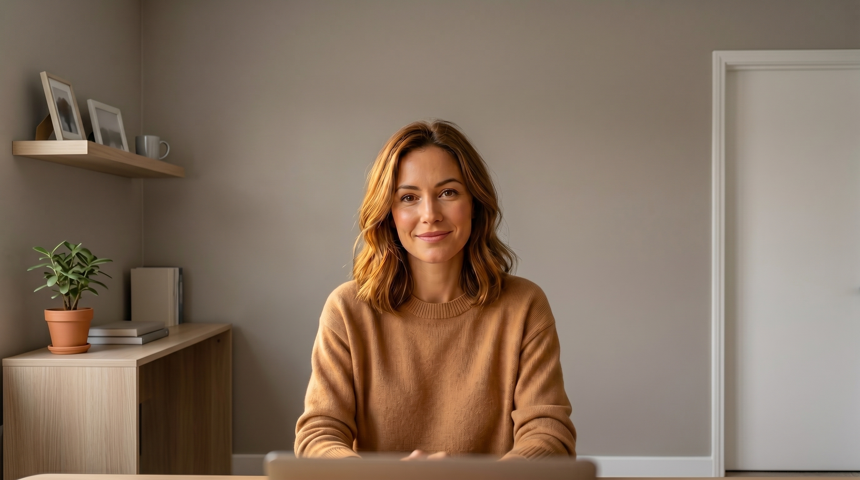 A person on a video call, Mid-Century Executive Lounge background off then on