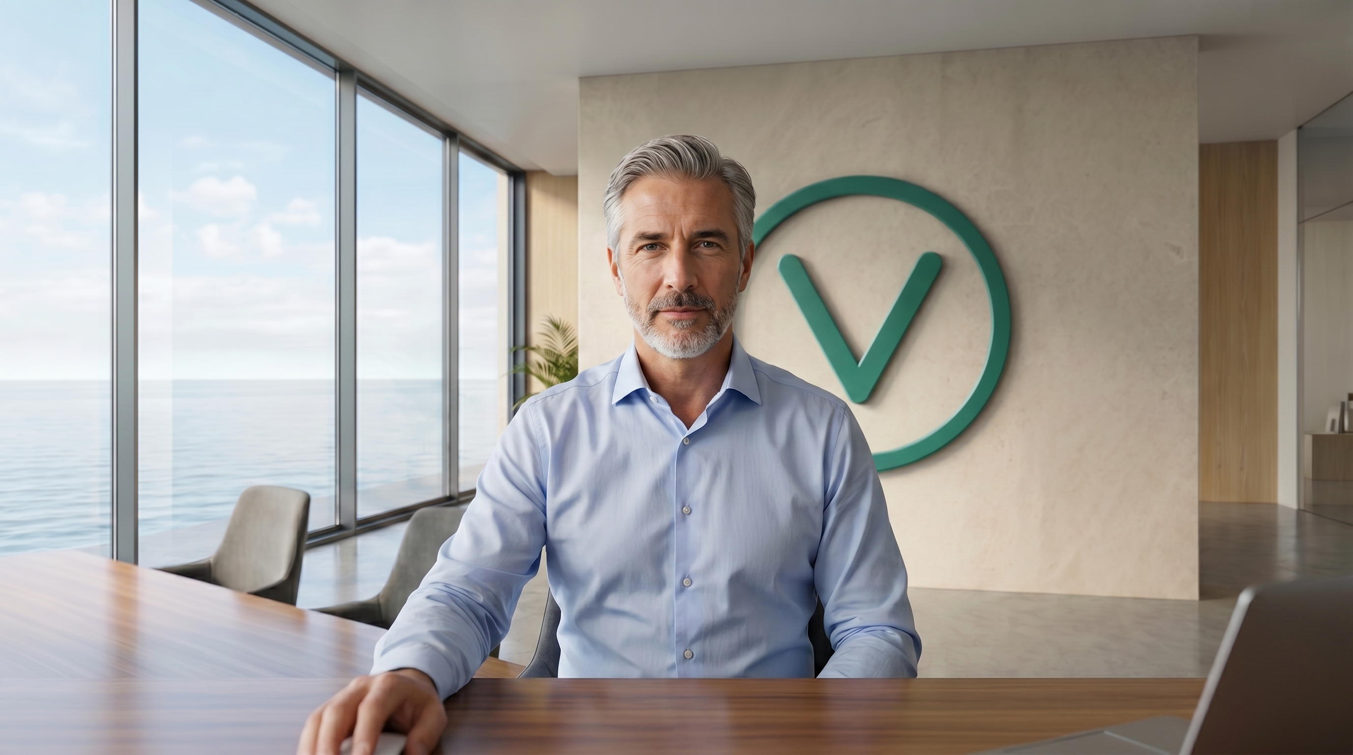 A person on a video call, Ocean-View Boardroom background off then on
