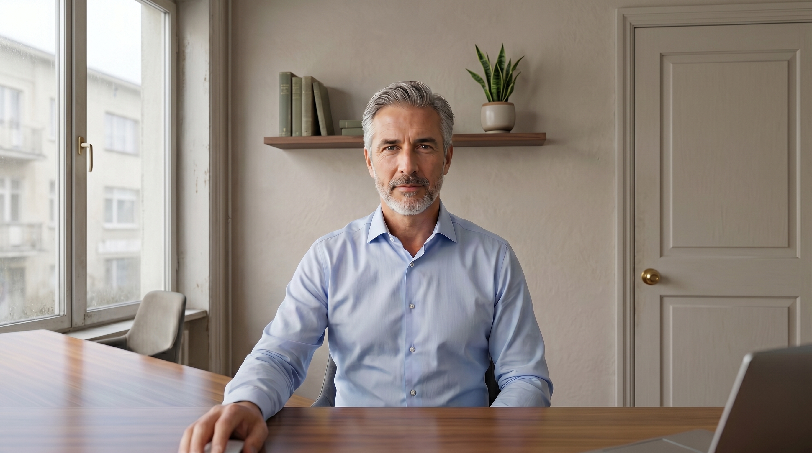 A person on a video call, Ocean-View Boardroom background off then on