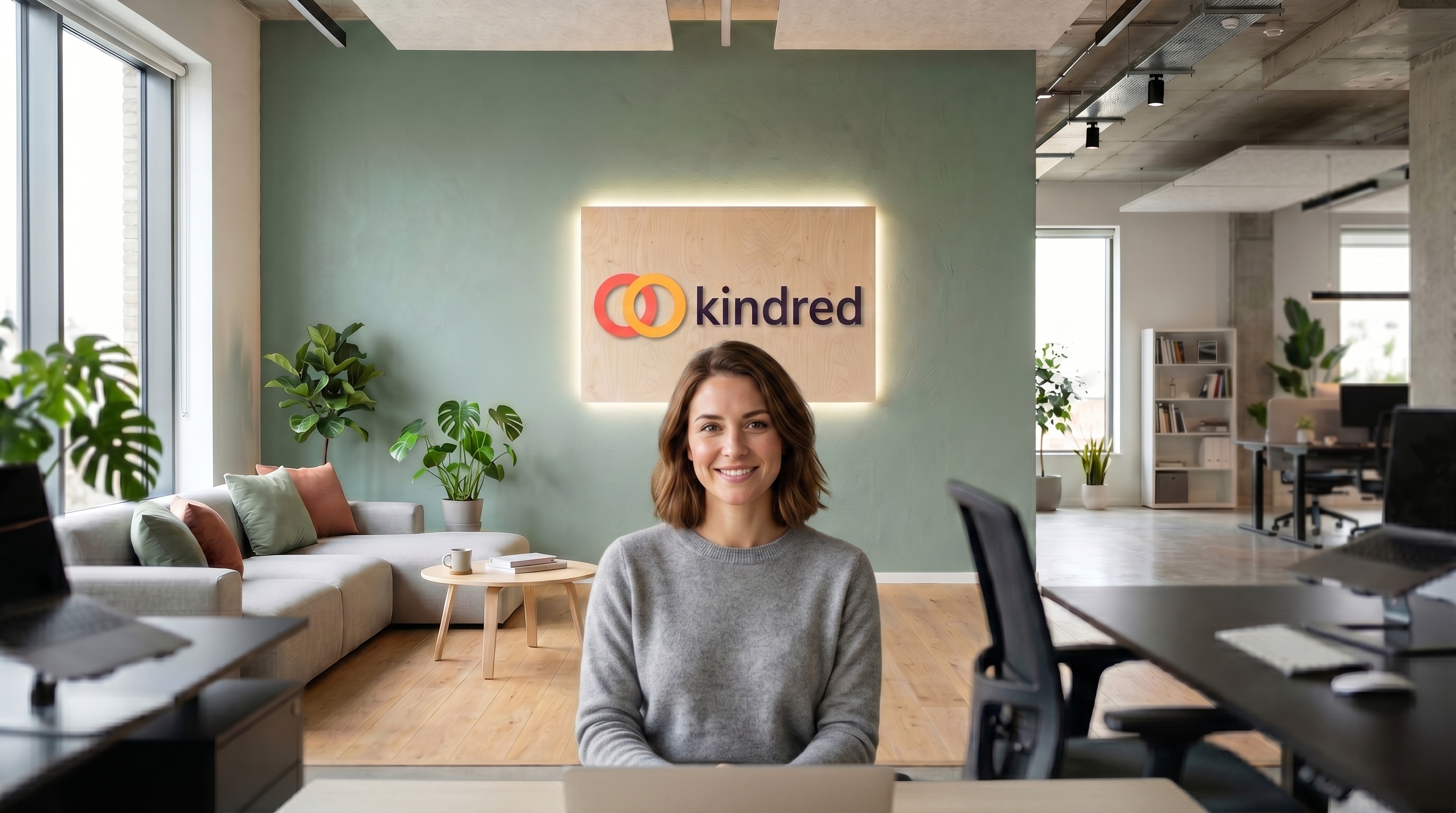 A person on a video call with the Open-Plan Startup HQ background off, then on