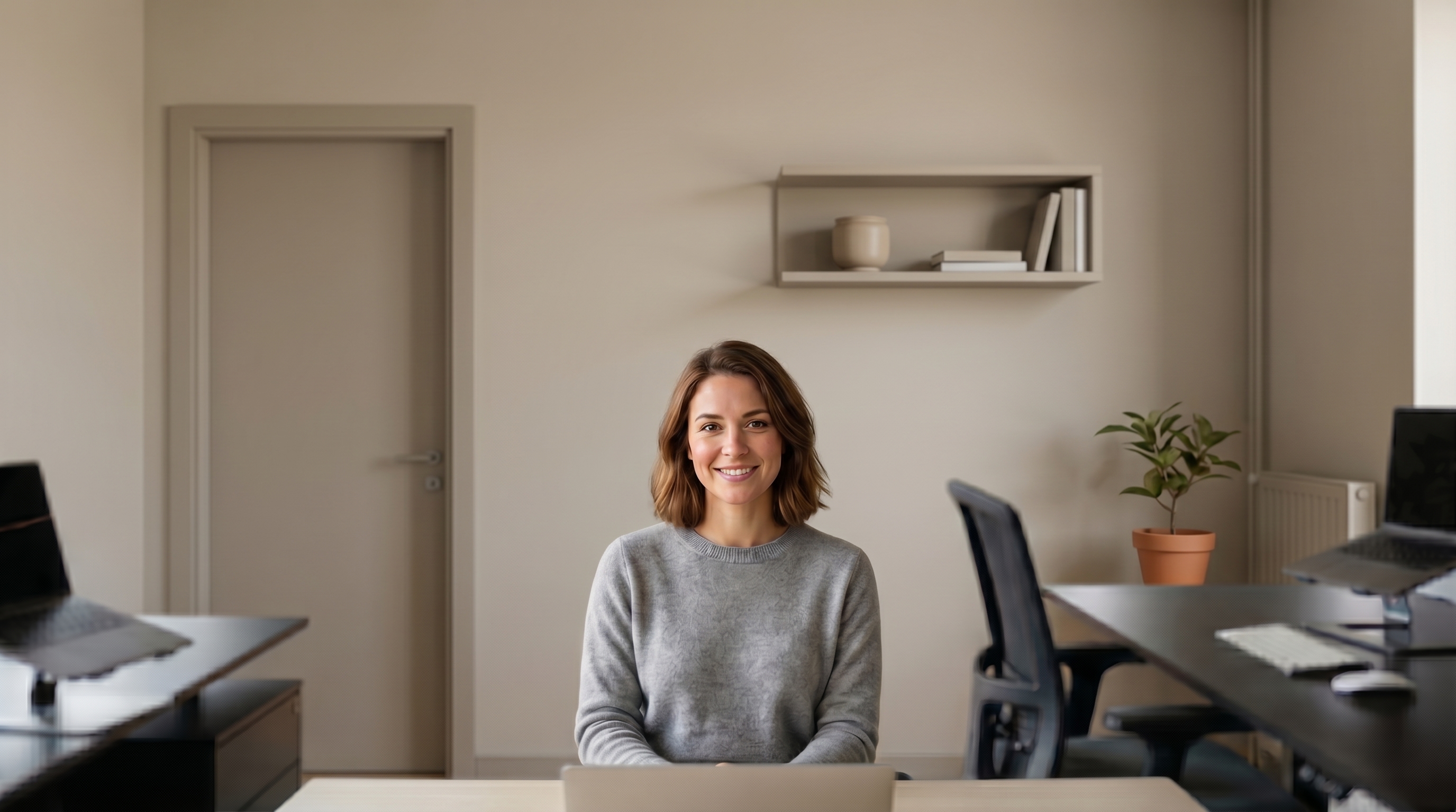 A person on a video call with the Open-Plan Startup HQ background off, then on