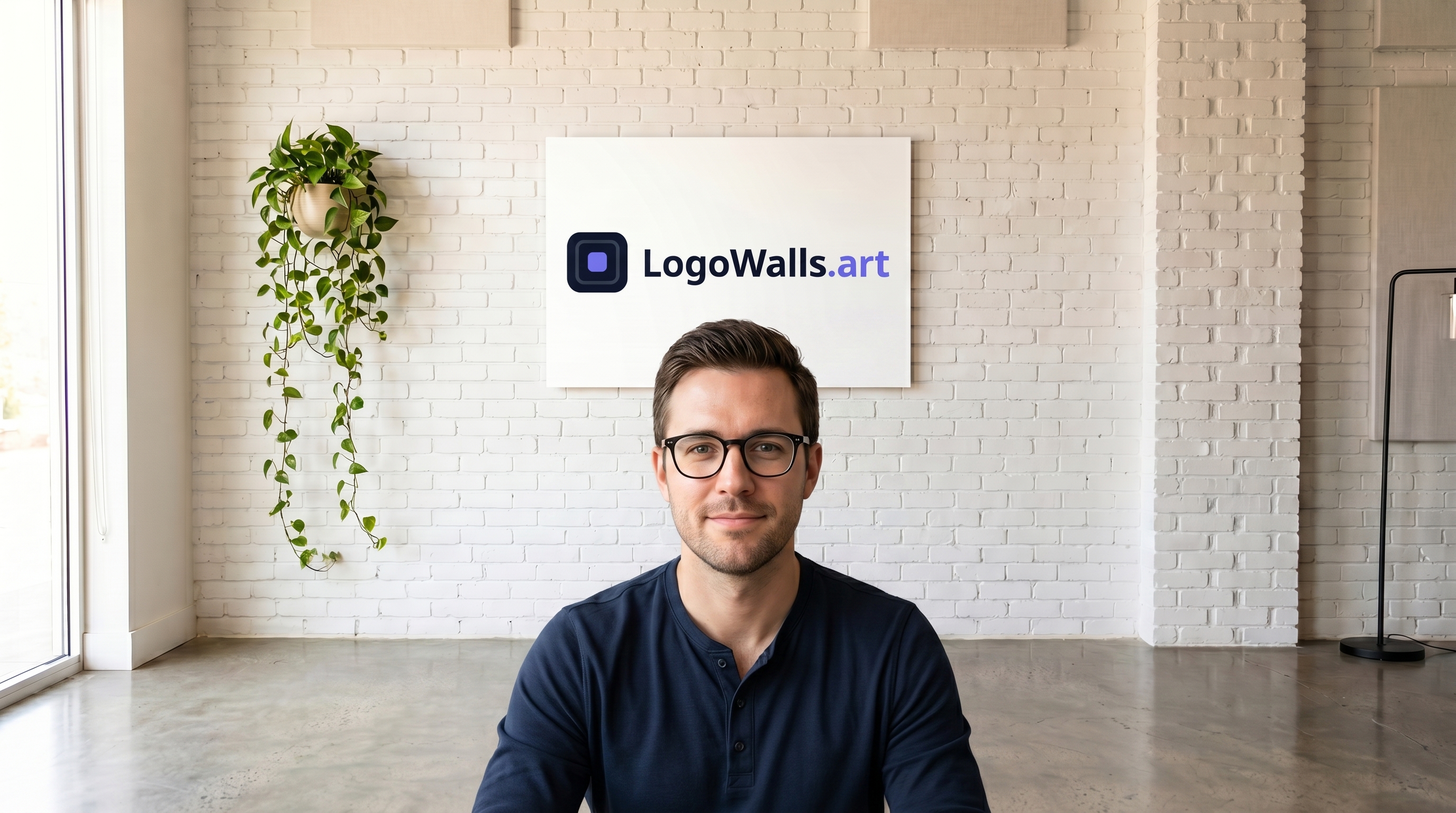 A person on a video call with the White Brick Studio background off, then on