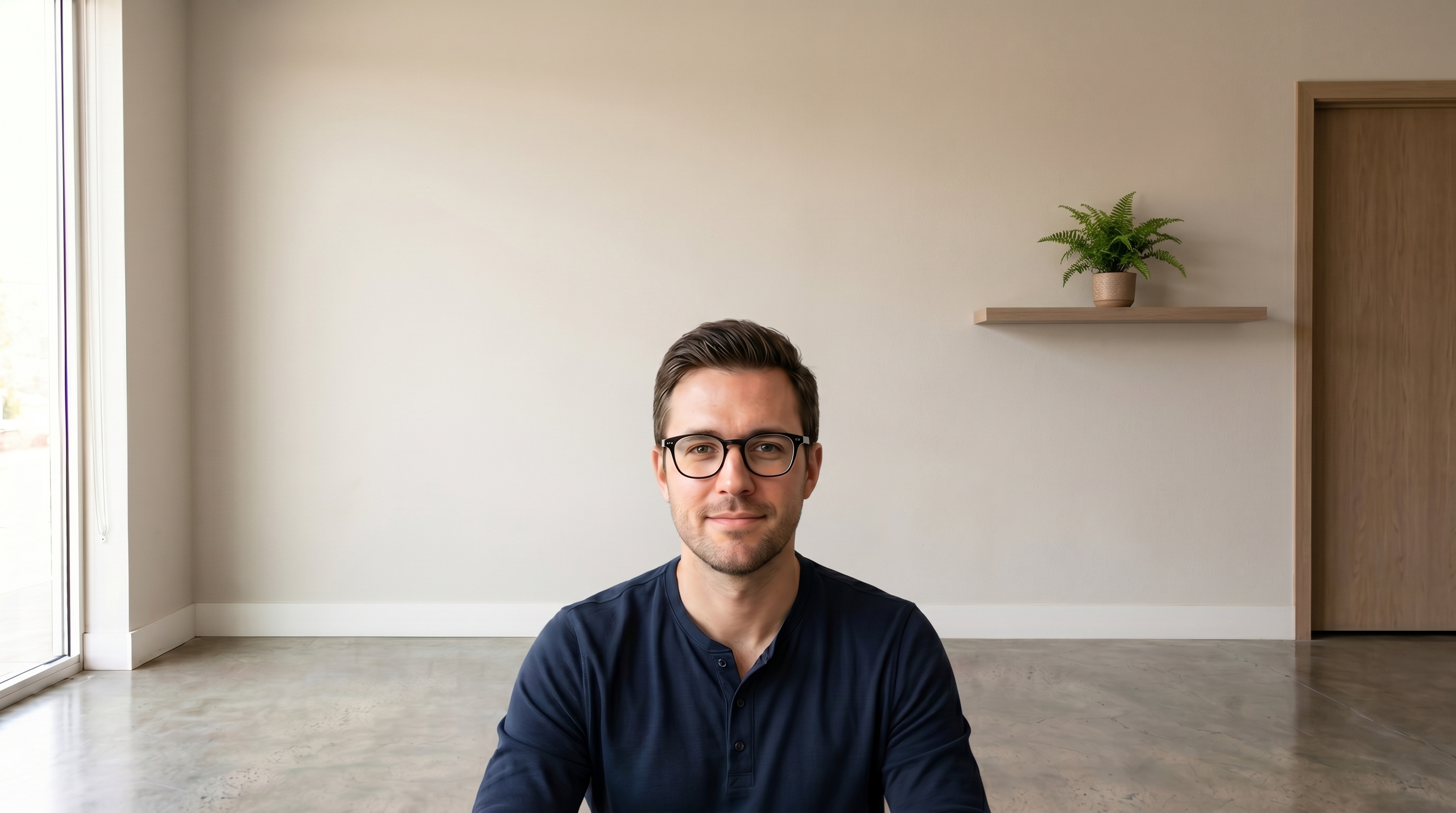 A person on a video call with the White Brick Studio background off, then on