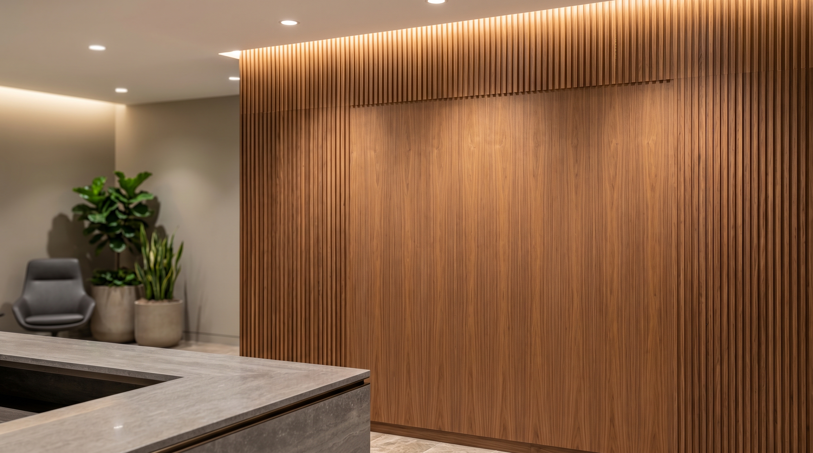 Branded Reception Lobby — blank, then with a sample logo integrated