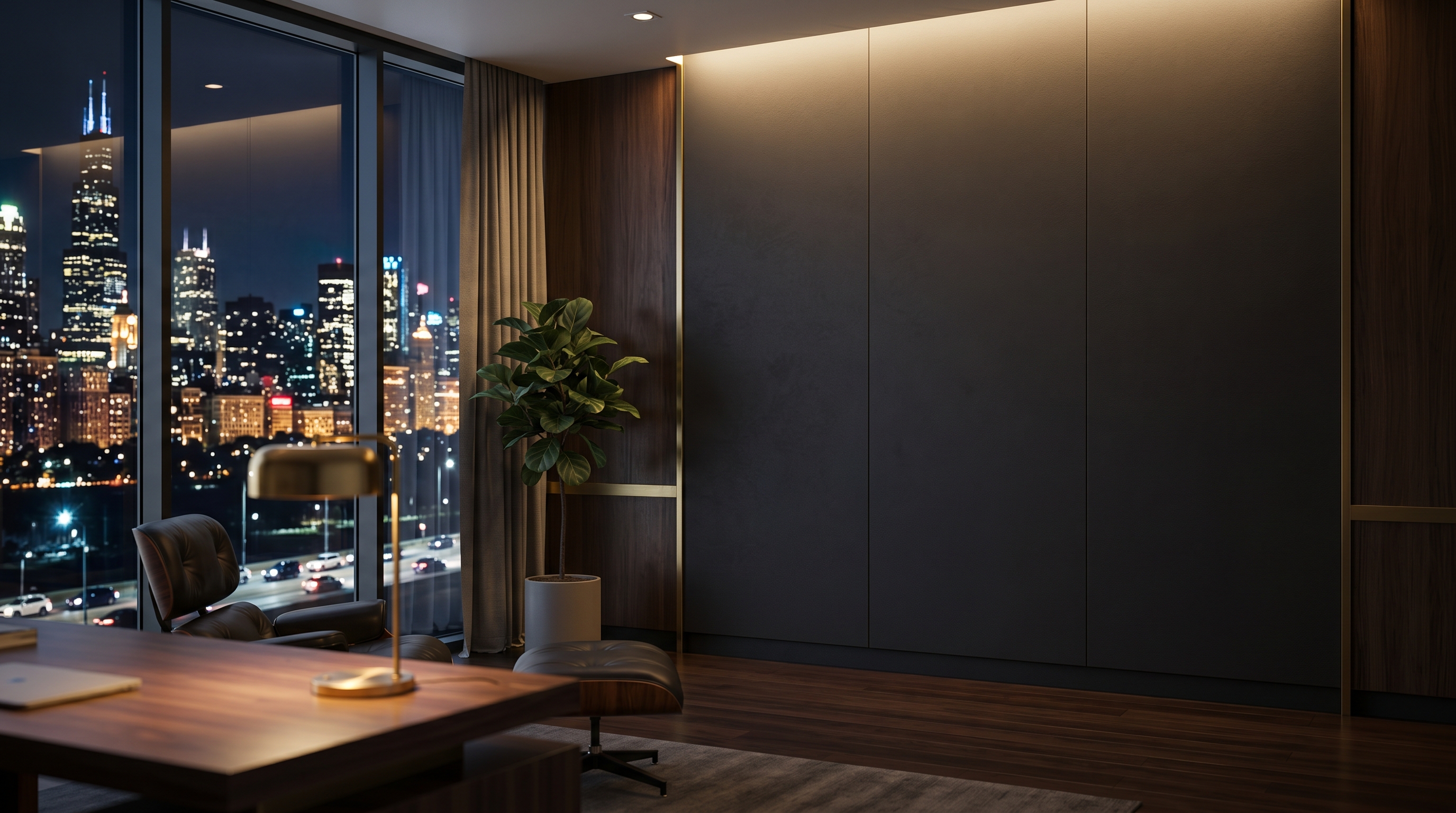 Urban Night Skyline Office — blank, then with a sample logo integrated